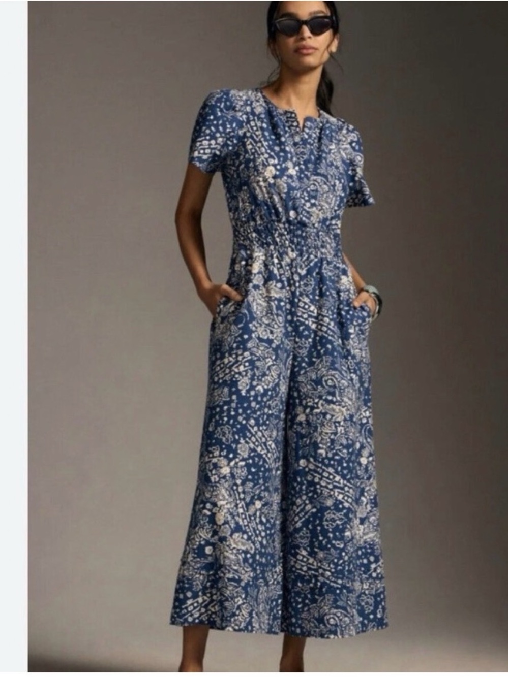 Anthropologie Somerset Wideleg Jumpsuit - Blue and White Floral - Size Small